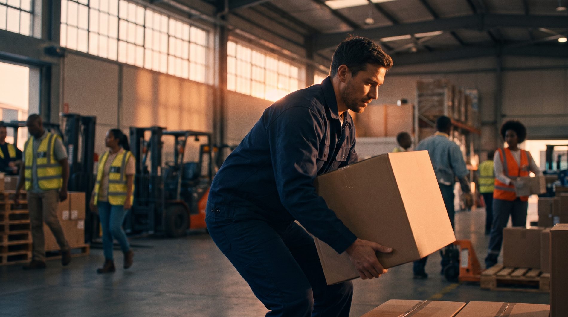 A worker lifting in a logistics facility — the physical demands of real work