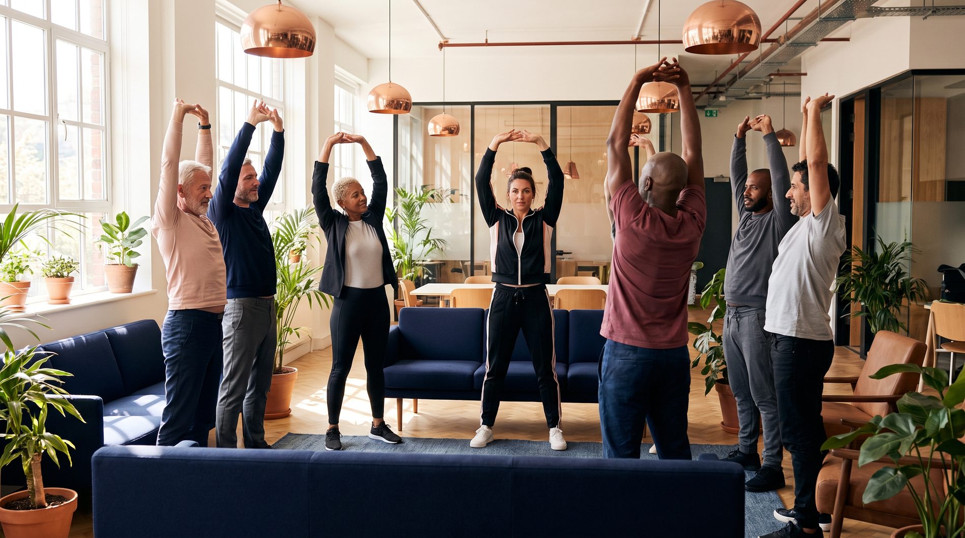 Diverse employees in a guided workplace mobility session led by a coach