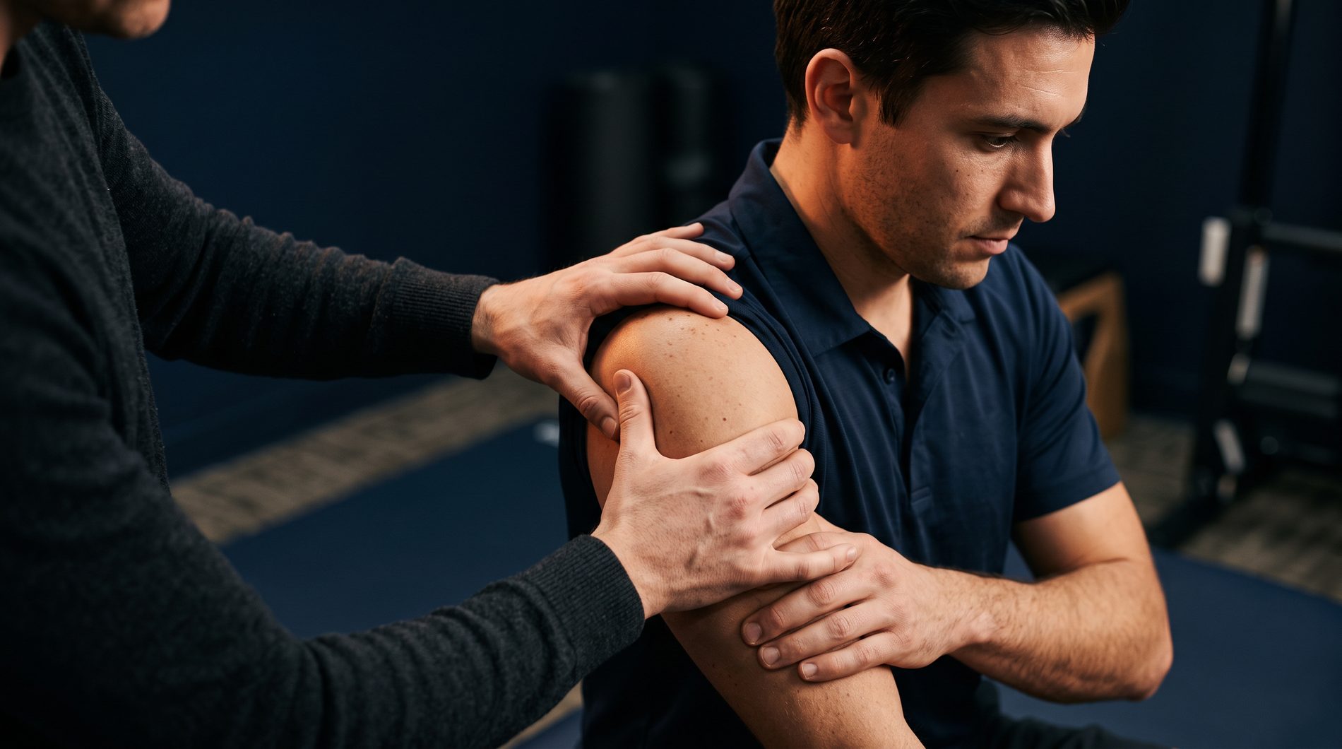 A movement specialist guiding an employee through a precise mobility assessment